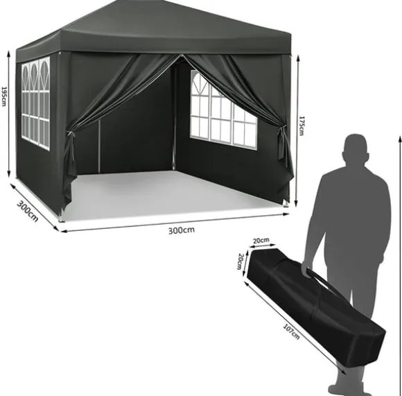 Rootz Gazebo Pop-Up telt - Vandtæt Pagoda - Solafskærmning - UV-beskyttelse, Regnbestandig, Nem opsætning - Metal og 210D Oxford-stof - 3 x 3 m Grå