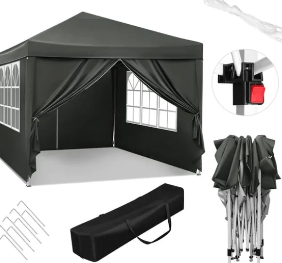 Rootz Gazebo Pop-Up telt - Vandtæt Pagoda - Solafskærmning - UV-beskyttelse, Regnbestandig, Nem opsætning - Metal og 210D Oxford-stof - 3 x 3 m Grå