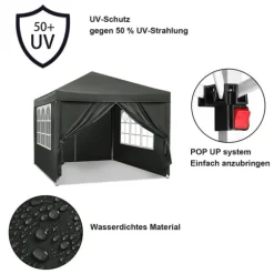 Rootz Gazebo Pop-Up telt - Vandtæt Pagoda - Solafskærmning - UV-beskyttelse, Regnbestandig, Nem opsætning - Metal og 210D Oxford-stof - 3 x 3 m Grå