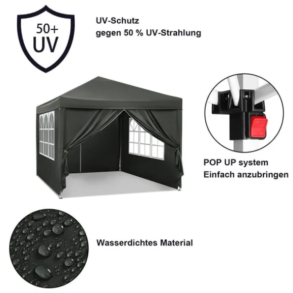 Rootz Gazebo Pop-Up telt - Vandtæt Pagoda - Solafskærmning - UV-beskyttelse, Regnbestandig, Nem opsætning - Metal og 210D Oxford-stof - 3 x 3 m Grå