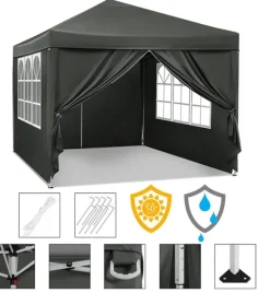 Rootz Gazebo Pop-Up telt - Vandtæt Pagoda - Solafskærmning - UV-beskyttelse, Regnbestandig, Nem opsætning - Metal og 210D Oxford-stof - 3 x 3 m Grå