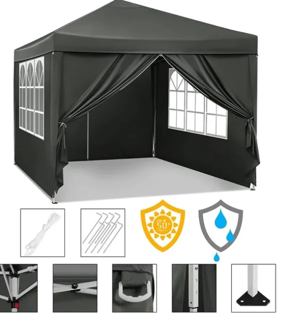 Rootz Gazebo Pop-Up telt - Vandtæt Pagoda - Solafskærmning - UV-beskyttelse, Regnbestandig, Nem opsætning - Metal og 210D Oxford-stof - 3 x 3 m Grå