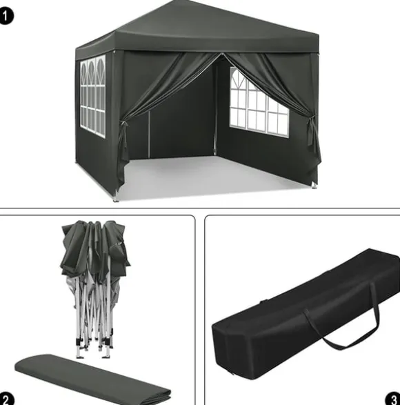 Rootz Gazebo Pop-Up telt - Vandtæt Pagoda - Solafskærmning - UV-beskyttelse, Regnbestandig, Nem opsætning - Metal og 210D Oxford-stof - 3 x 3 m Grå