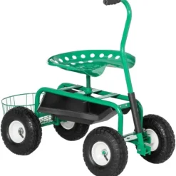 Rootz Havevogn med rullesæde - Hyldekurv - Lille haveværktøj - Værkstedsvogn - Mobil have - Højdejusterbar - Metal - Gummi - Grøn - 98cm x 45cm x 87cm | CDON