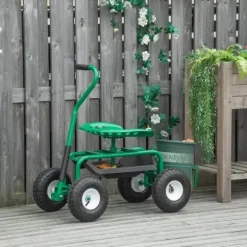 Rootz Havevogn med rullesæde - Hyldekurv - Lille haveværktøj - Værkstedsvogn - Mobil have - Højdejusterbar - Metal - Gummi - Grøn - 98cm x 45cm x 87cm | CDON