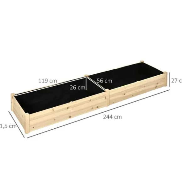 Rootz Højbed - 2 planteområder - Indvendig foring lavet af fleece - Vejrbestandig - Massivt træ - 244 cm x 61,5 cm x 27 cm