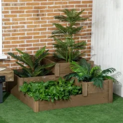 Rootz Højseng - 4 plantekasser på 3 niveauer - Vejrbestandig - Massivt træ - Naturlig - 122 cm x 122 cm x 51 cm