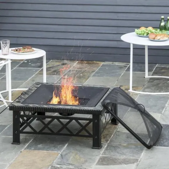 Rootz 3-i-1 Bålplads - Bålplads med gnistbeskyttelse - Grillrist - Isspand - Have - BBQ - Sort 76 x 76 x 47 cm