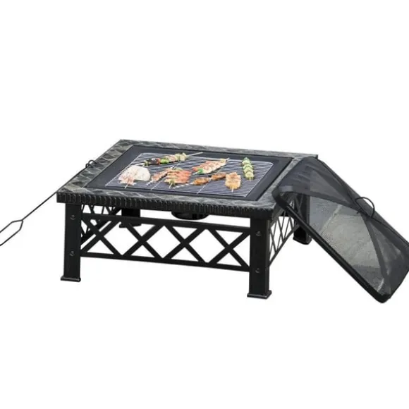 Rootz 3-i-1 Bålplads - Bålplads med gnistbeskyttelse - Grillrist - Isspand - Have - BBQ - Sort 76 x 76 x 47 cm