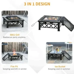 Rootz 3-i-1 Bålplads - Bålplads med gnistbeskyttelse - Grillrist - Isspand - Have - BBQ - Sort 76 x 76 x 47 cm