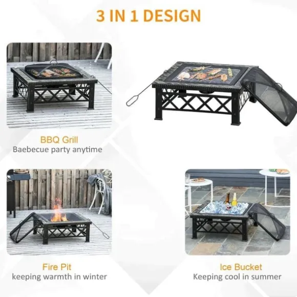 Rootz 3-i-1 Bålplads - Bålplads med gnistbeskyttelse - Grillrist - Isspand - Have - BBQ - Sort 76 x 76 x 47 cm