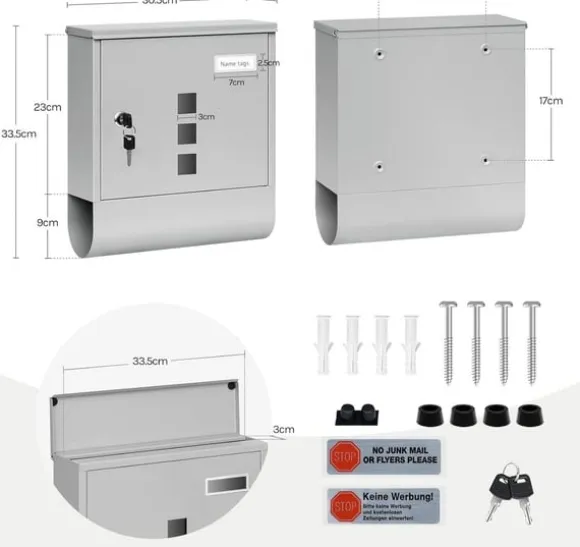 Rootz Mailbox - Letterbox - Postbox - Holder Mail Dry & Secure - Galvaniseret stål - 30,6 x 33,5 x 10 cm grå
