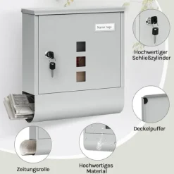 Rootz Mailbox - Letterbox - Postbox - Holder Mail Dry & Secure - Galvaniseret stål - 30,6 x 33,5 x 10 cm grå