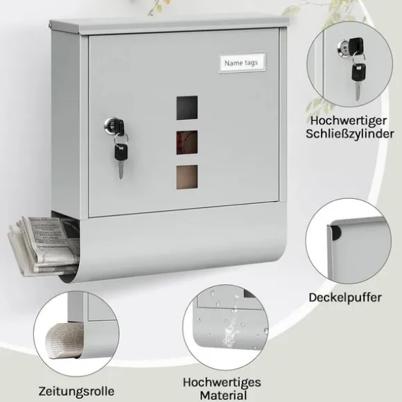 Rootz Mailbox - Letterbox - Postbox - Holder Mail Dry & Secure - Galvaniseret stål - 30,6 x 33,5 x 10 cm grå