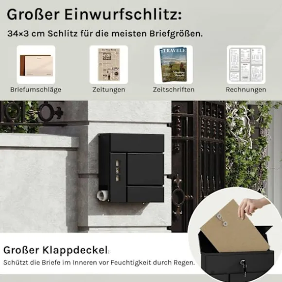 Rootz Mailbox med avisrum - Letterbox - Wall Mount Post Box - Vandtæt - 37x37x10,5 cm sort