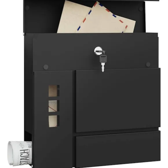 Rootz Mailbox med avisrum - Letterbox - Wall Mount Post Box - Vandtæt - 37x37x10,5 cm sort