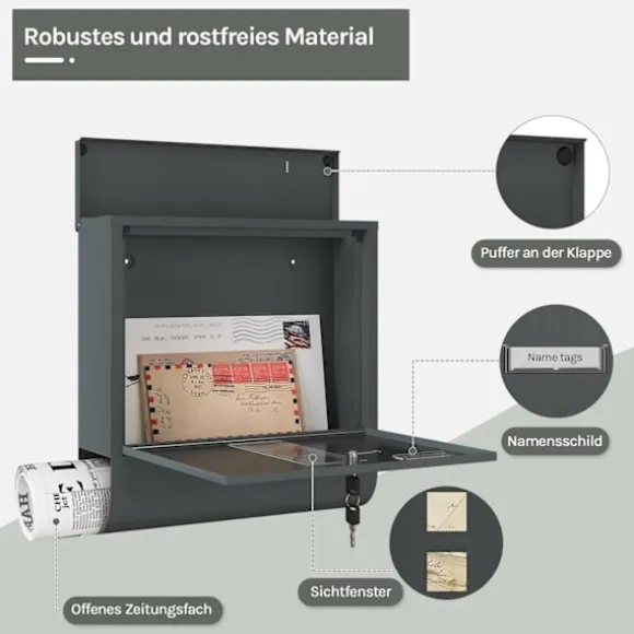 Rootz Mailbox med visningsvindue - Letterbox - Postbox - Inkluderer navnemærke - Galvaniseret metalplade - Vandtæt - 37x37x10,5 cm - Grå