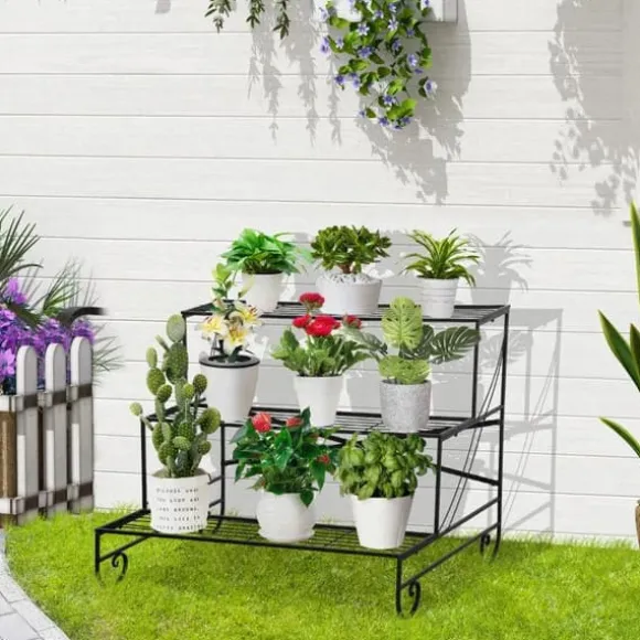 Rootz metal blomsterstativ - plantestativ - 3 etagers blomsterstativ - sort - 95 x 63 x 72 cm