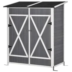 Rootz Redskabsskur - Haveskab - 2 døre - Værktøjsskab - Haveopbevaring - Træ - Grå/Hvid - 139 x 75 x 160 cm