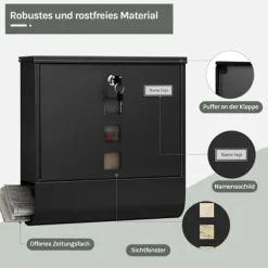Rootz Wall Mailbox - Outdoor Letterbox - Locking Mail Holder - Rust -resistente, Privacy Secure - 37x37x10,5 cm sort