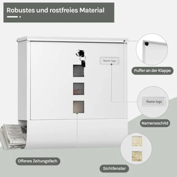 Rootz Wall Montered Mailbox - Post Box - Letterbox - Vandtæt og rustbestandig - 37x37x10,5 cm hvid