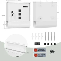 Rootz White Mailbox - Vægmonteret postkasse - Sikkert låsesystem - Galvaniseret stål - 30,6 x 33,5 x 10 cm