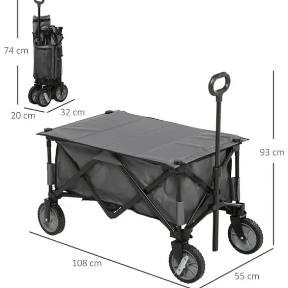 Sammenklappelig vogn op til 120 kg, teleskophåndtag, sidelommer & foldbar bakke, mørkegrå