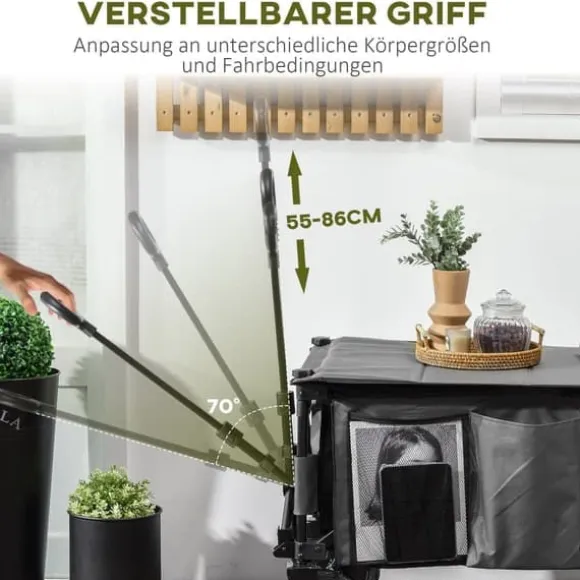 Sammenklappelig vogn op til 120 kg, teleskophåndtag, sidelommer & foldbar bakke, mørkegrå