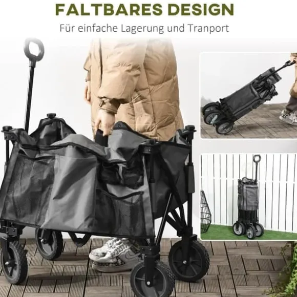 Sammenklappelig vogn op til 120 kg, teleskophåndtag, sidelommer & foldbar bakke, mørkegrå