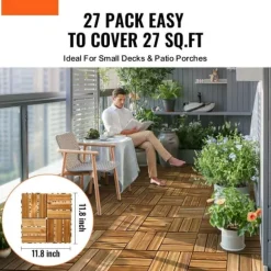 Sammenlåsende dækfliser, massivt træ 27 pakke 12x12, Kamferfyr, vejrbestandige, skridsikre, ideelle til verandaer