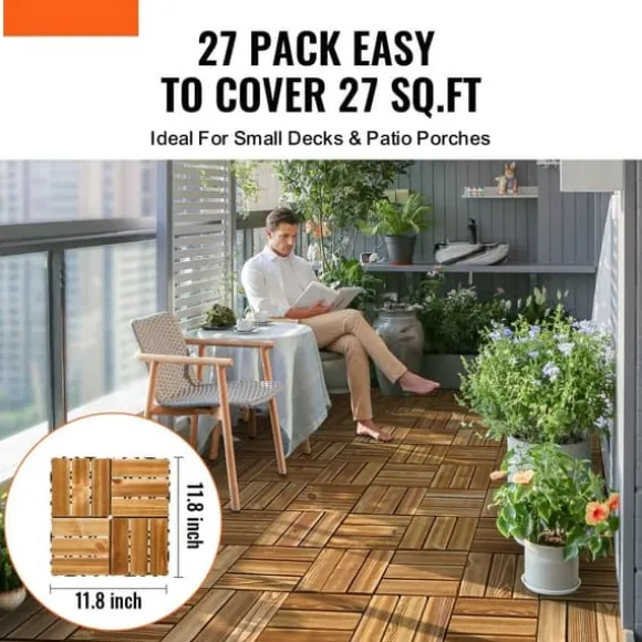 Sammenlåsende dækfliser, massivt træ 27 pakke 12x12, Kamferfyr, vejrbestandige, skridsikre, ideelle til verandaer