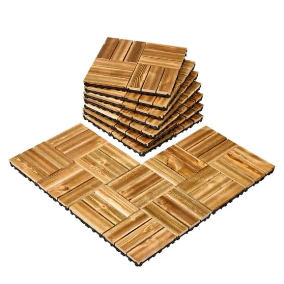 Sammenlåsende dækfliser, Massivt træ 10 pakke 12x12, Kamferfyr, holdbare, velegnede til veranda, nem at installere
