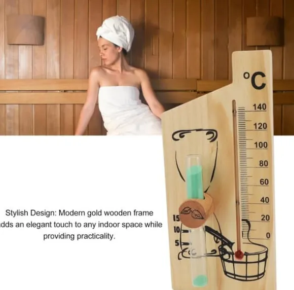 Sauna Termometer Timeglas, Guld Elegant Design Sauna Termometer Timeglas 0-140 Grader Celsius Træ Velegnet til Hoteller