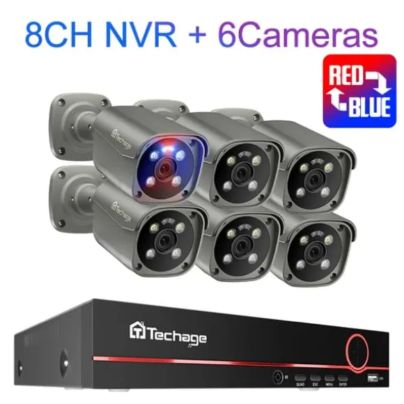 Sikkerhedskamera System, 8 Kanaler, AI Ansigtsgenkendelse,8CH 6stk Kamera 8MP, 1T