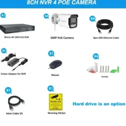 Sikkerhedskamera System, 5 MP Opløsning, Nattesyn Funktion,Ingen, 8CH NVR 4 KAMERA