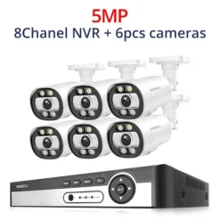 Sikkerhedskamera system, AI ansigtsdetektion, farve natvision,8CH NVR 6PCS KAMERA 5MP, 1T