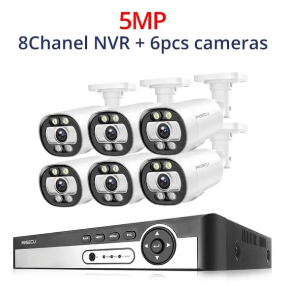Sikkerhedskamera system, AI ansigtsdetektion, farve natvision,8CH NVR 6PCS KAMERA 5MP, 1T