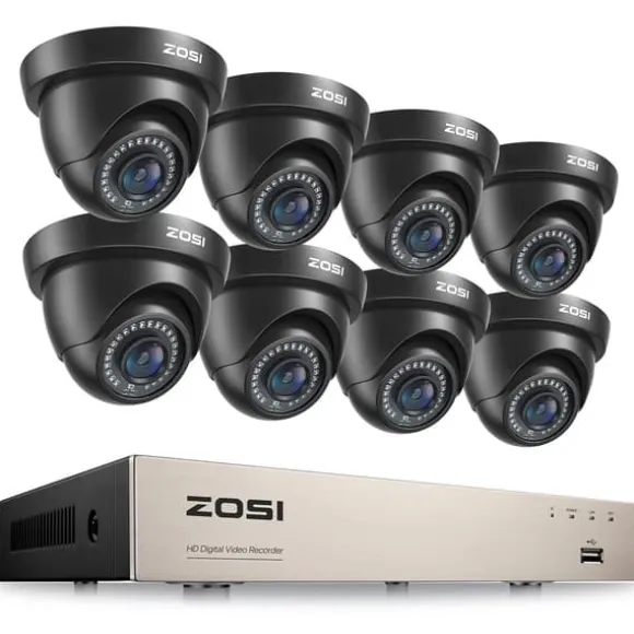 Sikkerhedskamera system, 8CH DVR optager, 2MP Dome kameraer,8 sorte kameraer, 1T