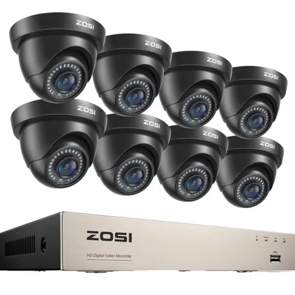Sikkerhedskamera system, 8CH DVR optager, 2MP Dome kameraer,8 sorte kameraer, Ingen
