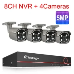 Sikkerhedskamera system, 4K HD opløsning, To-vejs lyd, 3T (udendørs sport), 8CH 4 stk 5MP kamera