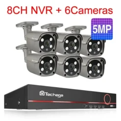 Sikkerhedskamera system, 4K HD opløsning, To-vejs lyd, 3T (udendørs sport), 8CH 6 stk 5MP kamera