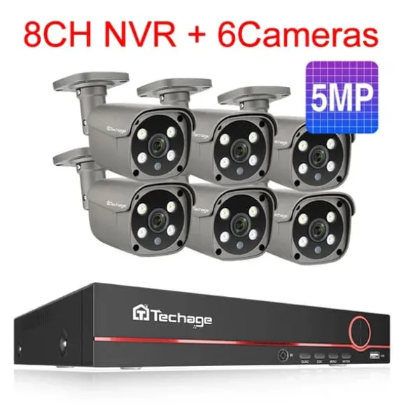 Sikkerhedskamera system, 4K HD opløsning, To-vejs lyd, 3T (udendørs sport), 8CH 6 stk 5MP kamera