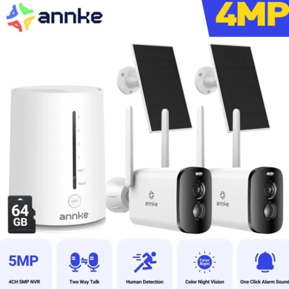 Sikkerhedskamerasystem, 4MP opløsning, panorering og vippefunktionalitet,5200mAh 2Stk 64G