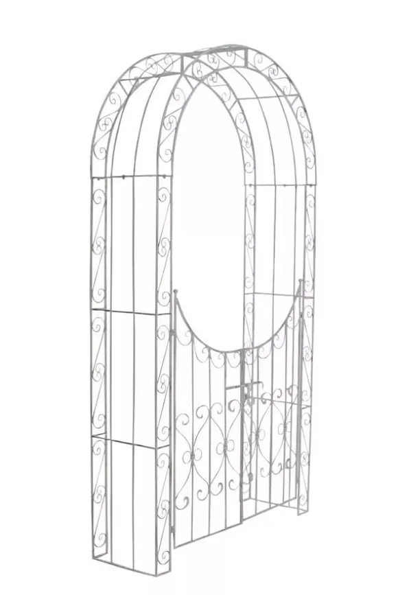 Sina Rose Arch with Gate - Antique White Metal Garden Arbor, Heavy Duty Climbing Plant Trellis