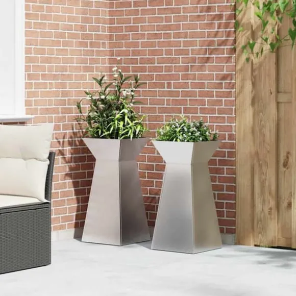 Søjle Plantekasse 2 stk - Moderne Trapezoidalt Design | Farve: Sølv | Størrelse: 35x35x73 cm