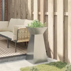 Søjle Plantekasse i stål – Moderne trapezoid design | Størrelse: 35x35x73 cm | Farve: Sølv