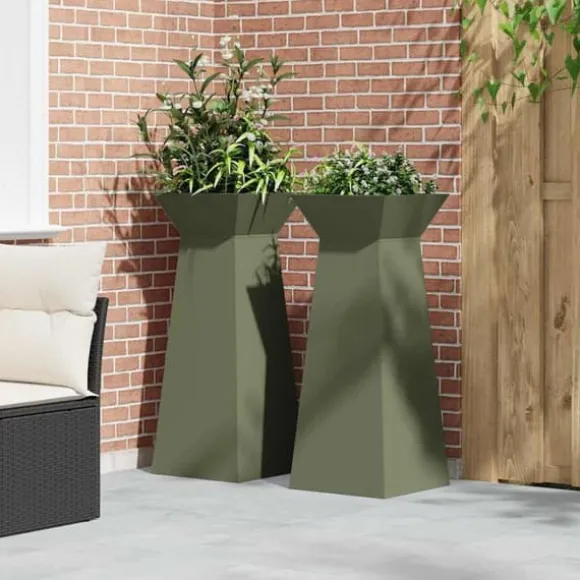 Søjle Plantekasse 2-pak - Trapezoidal Design | Farve: Olivengrøn | Størrelse: 40x40x100 cm