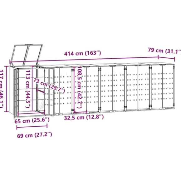 Skraldespandsskjuler i stål med 6 rum - Stabil og vejrbestandig | Størrelse: 414x79x117 cm | Farve: Antracit
