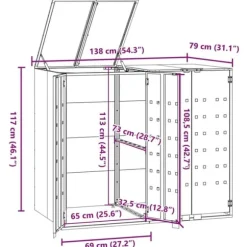 Skraldespandsskjuler i stål 2 rum - Vejrbestandig | Farve: Grå | Størrelse: 138x79x117 cm