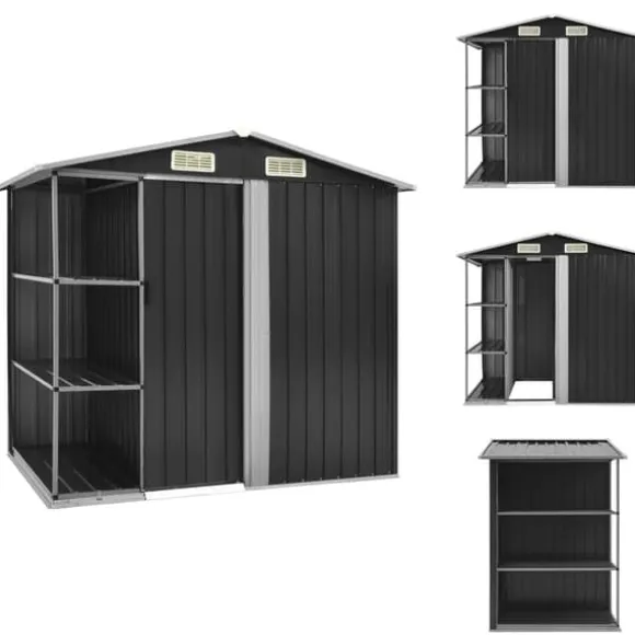 Skure & Redskabsskure - Living haveskur med reol 205x130x183 cm jern antracitgrå